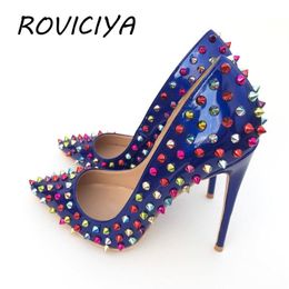 dark blue dresses for women UK - Dress Shoes Dark Blue Patent Leather Women Pumps With Rivet Sexy Pointed Toe 12cm High Heels Wedding Party MD032 ROVICIYA