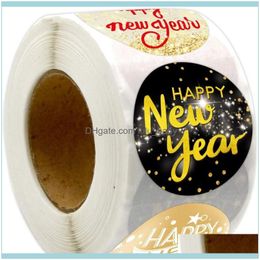 Bags Packaging & Display Jewelryhappy Year Stickers Black Gold Labels 9 Designs 500Pcs/Roll 1.5Glitter Tags For Holiday Festival Party Decor