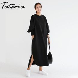 Tataria Wrist Sleeve T-shirt Dress Women Casual Loose Long Dresses Female Ankle Length Puff Vintage O-neck 210514