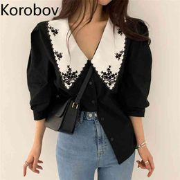 Korobov Korean Chic Heavy Work Butterfly Embroidery Blouse Turn Down Collar Puff Short Sleeve Single Breast Blusas Loose Shirt 210430