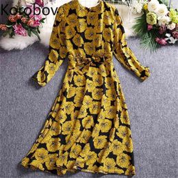 Korobov Vintage Print Long Sleeve O Neck Dress New Arrival Korean Chiffon Dresses Bohemian Beach Style Vestidos Femme 210430