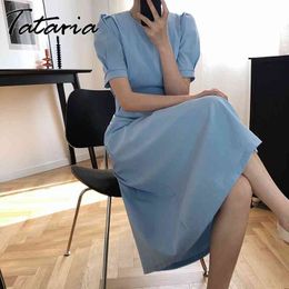 Summer French Drees Vintage Women Blue Puff Short Sleeved Solid Dress O-neck High Waist White Lace Up Long Dresses Vestidos 210514