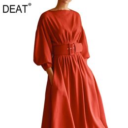 DEAT Spring and summer waist folded red show thin seven point Lantern Sleeve high waist dress pullover vestido tide WR30303L 210428