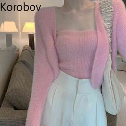 Korobov Autumn Winter New Women Sweet 2 Pieces Sets Korean Sexy Vest and Cardigans Female Suits Fashion Outfits 210430