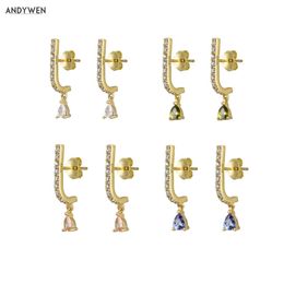 ANDYWEN 925 Sterling Silver Gold Line Drop Earring Champagne Green Rainbow Piercing Clips Zircon CZ Crystal Women Luxury 210608