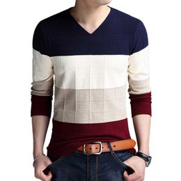 TFETTERS Brand-sweater Autumn Men's Long Sleeve T-shirt New V-neck Slim Sweaters Knitted Striped Bottom Shirt Large Size M-4XLp0805