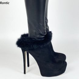 Rontic New Women Winter Platform Pumps Faux Suede Sexy Stiletto Heels Round Toe Elegant Black Luxury Shoes Ladies US Size 5-20