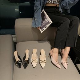 Pointed Toe Women Slippers Mules Shoes Shallow Thin High Heels Metal Chain Elegant Summer Flip Flops Black Beige Pink Sandals 210513