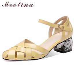 Meotina Gladiator Shoes Women Pleated Leather Sandals Med Heel Buckle Sandals Round Toe Lady Footwear Yellow Size 33-41 Fashion 210608