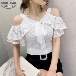 Summer Blouse Korean Style Lace Shirt Women Tops and Ruffled Off-the-shoulder Sexy Slim Bow Tie Top Female 14256 210508