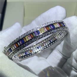 Luxury Jewellery Bangle 925 Sterling Silver Multi Diamond Cubic Zircon Full Princess Cut CZ Charm Women Wedding Bangle Gift