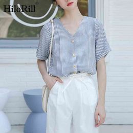 Women Plaid Blouse Summer V Neck Elegant Shirt Tunic Button Short Sleeve Office Wear Ladies Tops Vetement Femme 210508