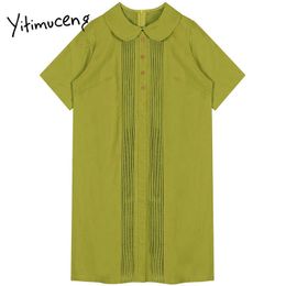 Yitimuceng Button Dress Women A-Line Solid Spring Short Peter Pan Collar Loose Waist Single Breasted Sweet Office Lady 210601