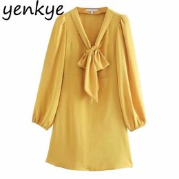 Fashion Women Elegant Bow Tie V Neck Long Sleeve Yellow Female Solid Colour A-line Mini Lady Dresses Autumn vestido 210514