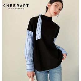 Patchwork Striped Blue Long Sleeve Tops And Blouses Stand Collar Tie Neck Designer Top Casual Korean Fashion Clothing 210427