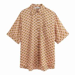 Women Fashion Geometric Print Pocket Blouses Vintage Lapel Collar Short Sleeve Shirts Casual Girls Chic Tops 210520