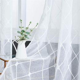 -Cortinas cortinas blanco bordado diamante tul cortinas de ventana para sala de estar de sala de habitaciones geométrica translúcida