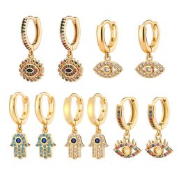 Blue Evil Eye Hoop Earrings Fashion Design 18K Gold Plated Women Cubic Zirconia Fatima Hamsa Hand Pendant Turkish Rhinestone Devil Eyes Circle Huggie Jewellery Gifts