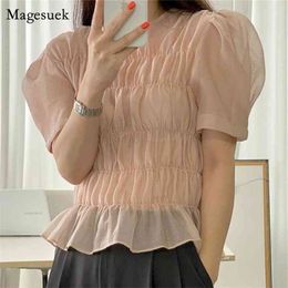 Summer Plus Size Korean Blouse Women Tops Sexy Transparent Puff Short Sleeve Shirt Chic Pleated Casual Women's Clothing 14093 210512