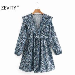 Zevity New Women Fasion V Neck Flower Print Press Pleats Mini Dress Office Ladies Long Sleeve Casual Slim Ruffles Vestido DS4603 210325