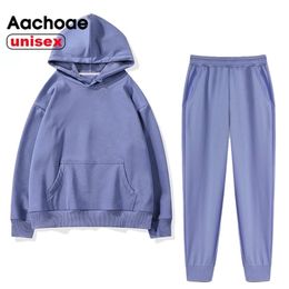 Aachoae Women Unisex Couple Fleece 100% Cotton Suits 2 Pieces Sets Casual Tracksuit Hoodies Sweatshirt Pants Plus Size 210727