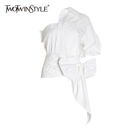 TWOTWINSTYLE Asymmetrical Ruched Blouse For Women Skew Collar Half Sleeve Bowknot Elegant Shirt Female Fashion Clothing 210517