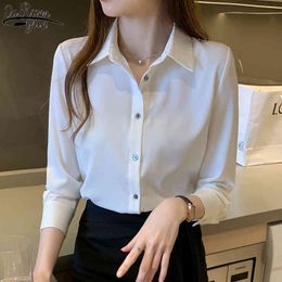 Korean Office Lady Style Blouse Women Autumn Solid Silk Long Sleeve Women's Satin Single-breasted Loose Shirts 11053 210427