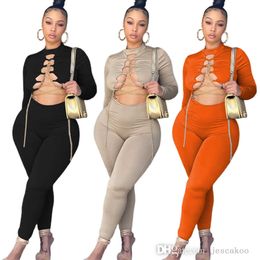 Women Designer Jumpsuits Solid Round Neck Long Sleeve Bodysuit Sexy Chain Cross Cut Hollow Out Tight One-piece Pants Clubwear