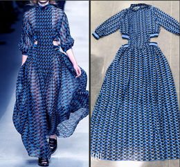 Hottest Blue Stripes Women Runway Dresses Long Sleeves Turtleneck Sexy Hollow Out Waist A line Floor Length Charming Party Dress X0521