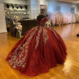 Dark Red Sequins Ball Gown Quinceanera Dresses With Gold Lace Formal Prom Graduation Gowns Lace Up Princess Sweet 15 16 Dress vestidos