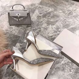 Fashion-6cm 8cm 10cm sandals High heels Sequined crystal bridal shoes pointy French Sandal Silver gold black thin stilettos rhinestone