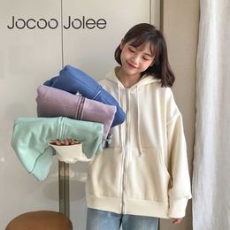 Jocoo Jolee Korean Style Hoodies Casual Long Sleeve Solid Zip-up Sweatshirts Harajuku Wild Cardigan Autumn Warm Plush Outwear 210619