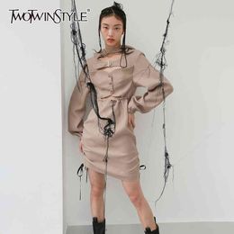 TWOTWINSTYLE Hollow Out Drawstring Dress For Women O Neck Long Sleeve Lace Up Casual Dresses Female Fashion Clothing 210517