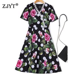 Lace Patchwork V Neck Short Sleeve Summer Designer Runway Dot Print Dress Women Fashion Knee Length Casual Holiday Vestidos 210601