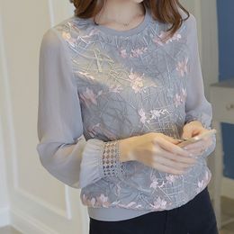Women Long Sleeve Shirt Women New Floral Embroidery O Neck Lace Chiffon Blouses Blusa Ladies Casual Shirt Tops DF2289 210317