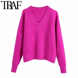 TRAF Women Fashion Soft Touch Loose Knitted Sweater Vintage V Neck Long Sleeve Female Pullovers Chic Tops 211018