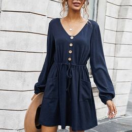 Elegant Solid Women Dress Sexy V-Neck Long Sleeve Drawstring Button Office Lady Mini Dresses With Pockets W211 210526