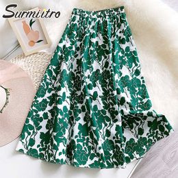 SURMIITRO Spring Summer Cotton Long Skirt Women Korean Style Vintage Elegant Green Floral High Waist Midi Skirt Female 210712