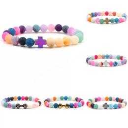 Rainbow Weathered agate beaded bracelets Women Cross Dumbbell charm Healing Natural stone beads Wrap Bangle For Men DIY Jewelry