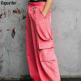 Casual High Waist Ribbon Corduroy Pants Women Autumn Winter Ladies Side Big Pockets Pink Trousers 210510