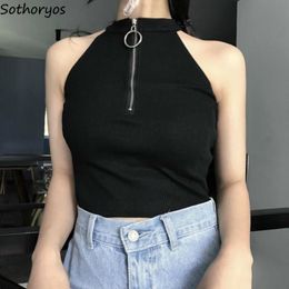 Tanks Tops Women Zipper Solid Sexy Halter Crop Top Female Slim Knitted SleevelTees Camis Basic Chic Camisoles Harajuku New X0507