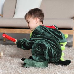 Children's Pajamas Cartoon Jumpsuit Flannel Dinosaur Animal Play Suit Long Sleeved Hoodie Warm Cute Funny Pijamas 211130