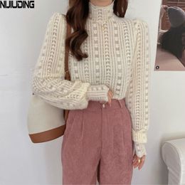 Women Retro Blouses Spring Autumn Long Sleeve Turtleneck Chiffon Shirts Female Puff Solid Lace Bottoming Tops Mujer 210514