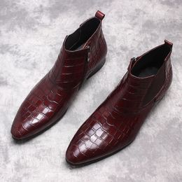 Big Size 37 44 Wine Red Chelsea Boots Mens Wine Red Leather Zip Shoes Fashion Printed Crocodile Skin Cowboy Ankle Boot