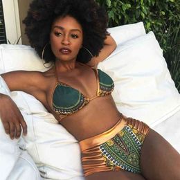 African Print Two-Pieces Bath Suits Bikini Set Sexy Geometric Swimwear Swimsuit Gold High Waist Swimming Suit 210714