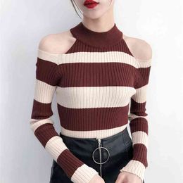Striped Sweater Women Chic Hollow Out Long Sleeve Knitted Tops Female Pullovers Autumn Winter Elastic Pulls Girl 210601
