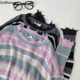 Striped Pullovers Women Design Retro O-neck Korean Style Fur-lined Loose Sexy Woman Sweaters All-match Outwear Chic Tops Leisure Y1110