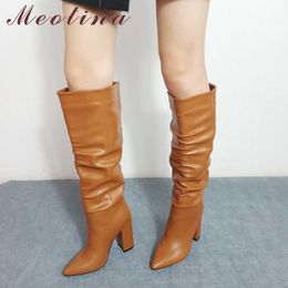 Meotina Knee-High Boots Women Shoes Pleated Extreme High Heel Long Boots Pointed Toe Block Heels Fashion Ladies Boots Winter 43 210608