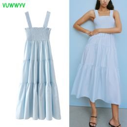 VUWWYV Light Blue Ruched Patchwork Slip Dress Women Summer Vintage Pleated Party Midi Elastic Chest Vestidos 210430