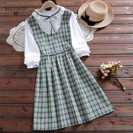 Mori Girl Plaid Fake Two Piece Dress Spring Autumn Women Ruffled Sweet Vestidos Long Sleeve Vintage Ruffles 210520